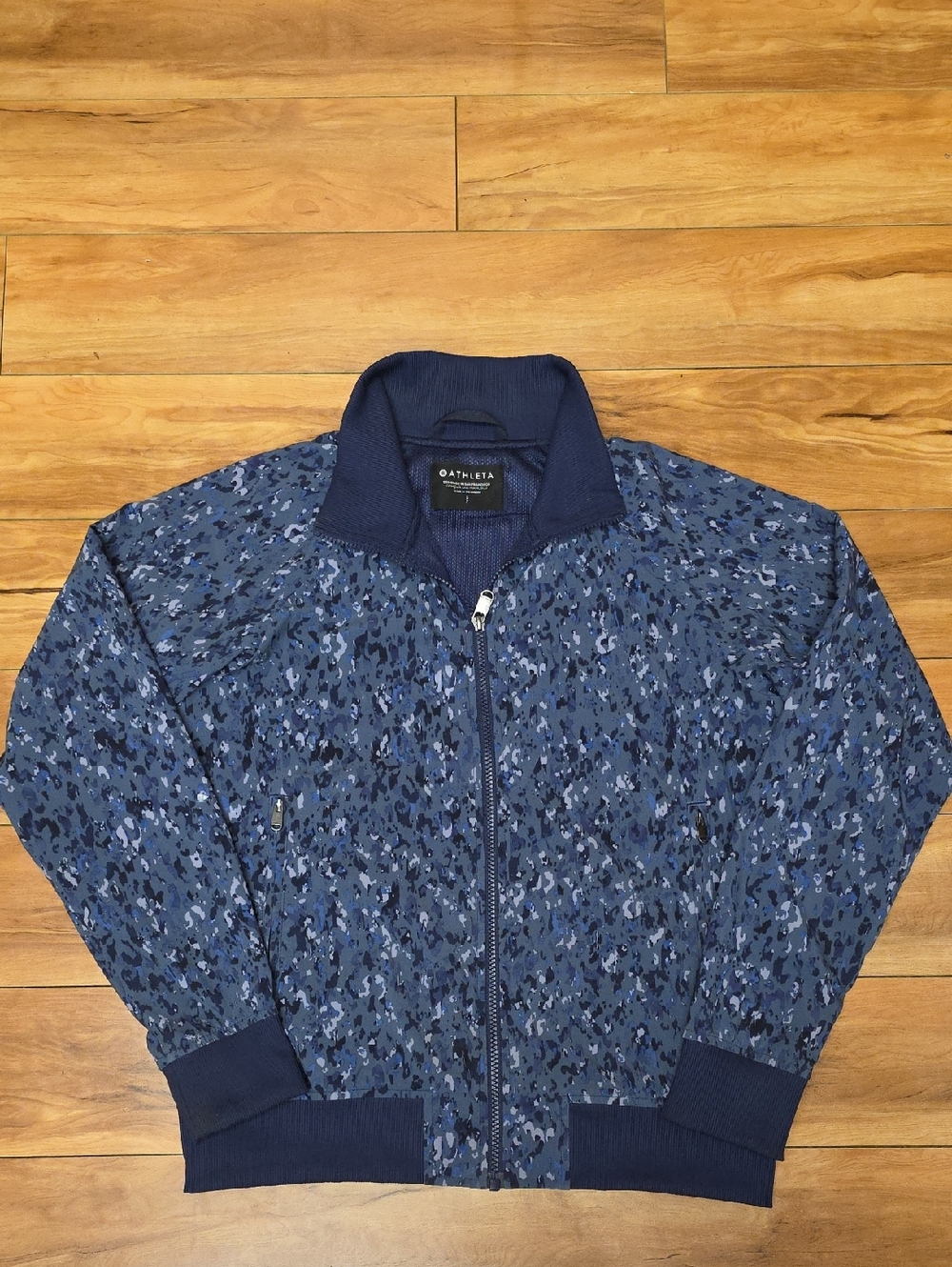 Athleta Brooklyn Zip-Up Track Bomber Jacket II Blue Camo Size Small